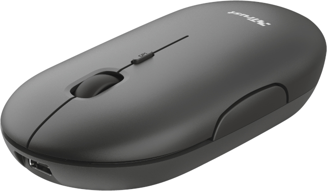 Une souris d'ordinateur grise avec une molette et un bouton DPI. La marque 'Trust' est visible.