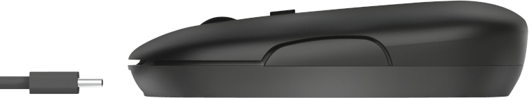 Une souris noire avec un connecteur USB-C. Le fond est blanc uni.
