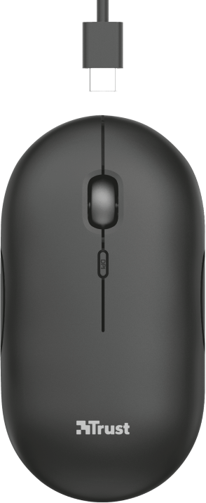 Souris Trust noire avec câble USB-C. Elle a une molette et un bouton DPI. Forme ovale.