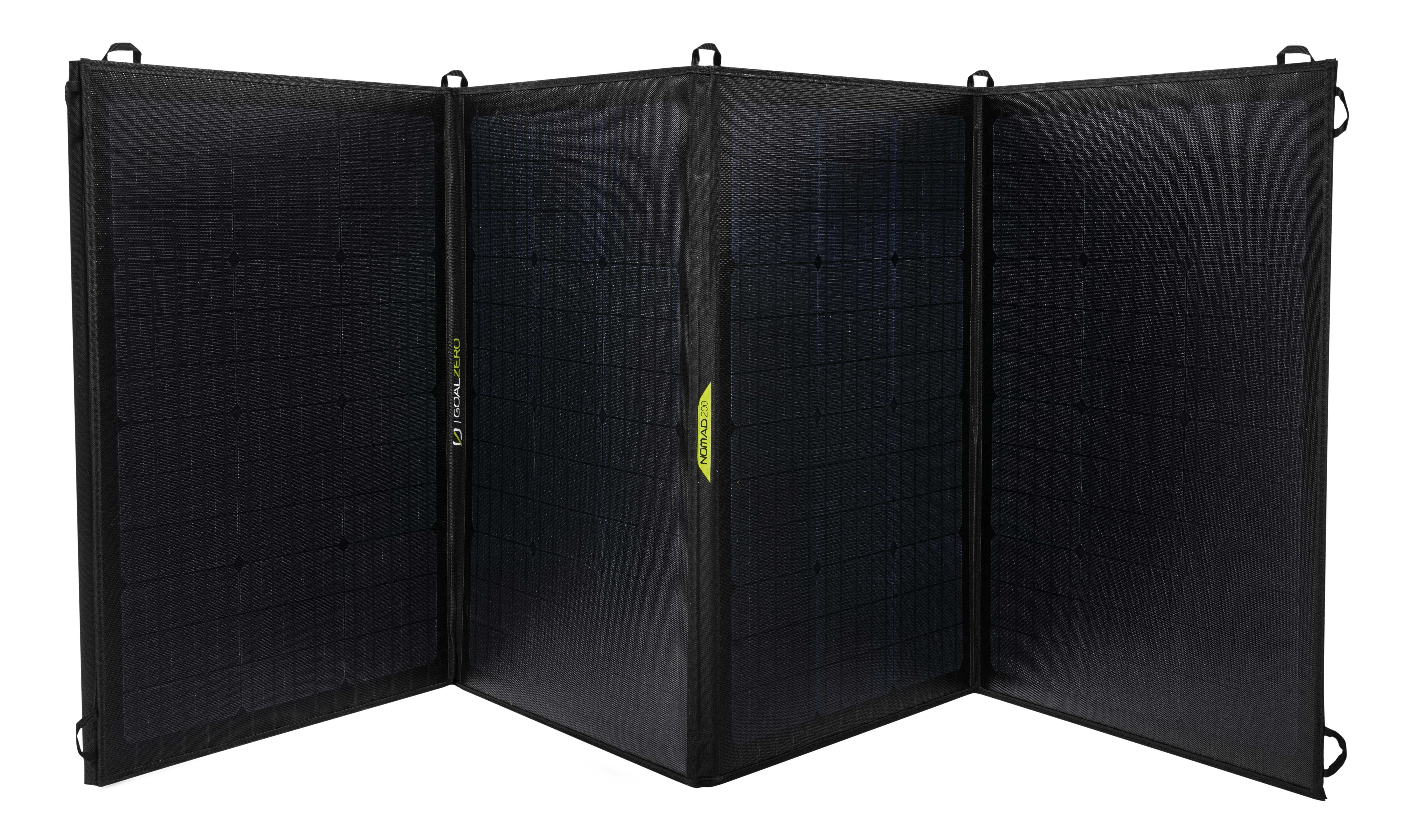 Faltbares Solarpanel; schwarz, vier Paneele und ein schwarzer Rahmen.