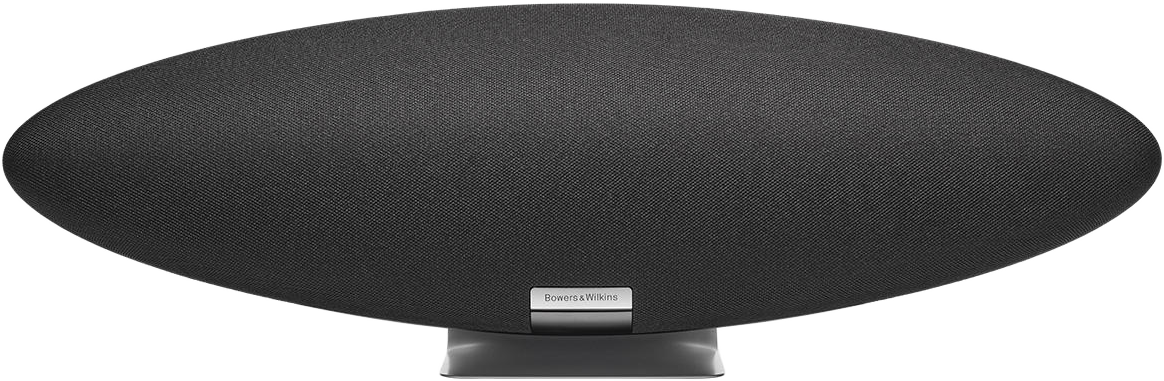 Fekete ovális hangszóró ezüst 'Bowers & Wilkins' logóval.