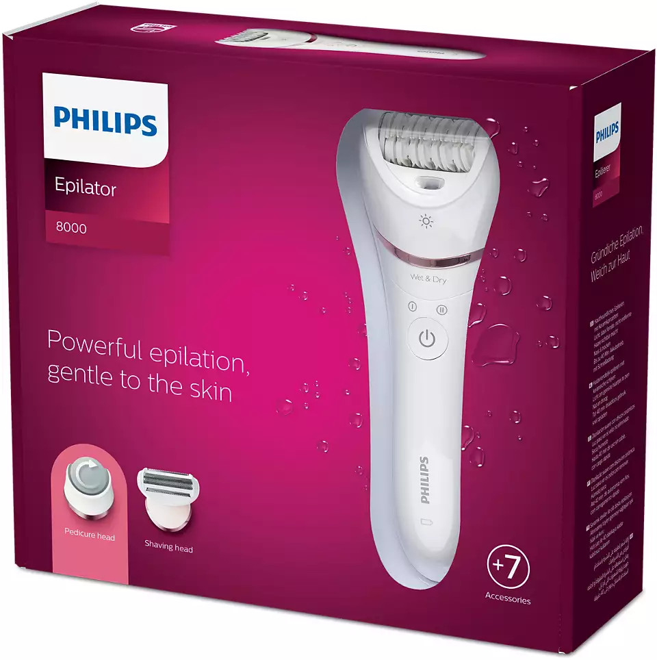 Philips epilator box. The box shows the epilator and accessories.