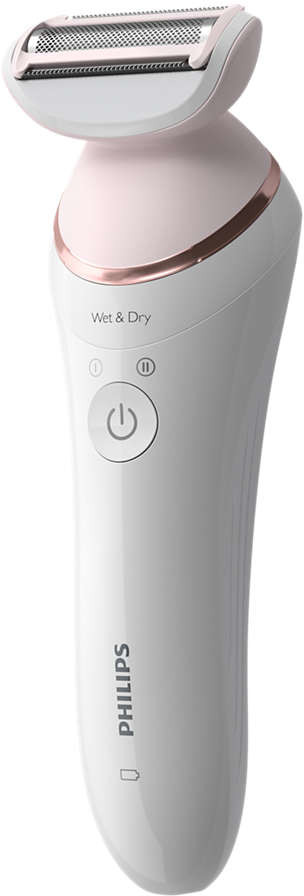 A white and pink Philips wet and dry electric shaver, with the 'Wet & Dry' label.