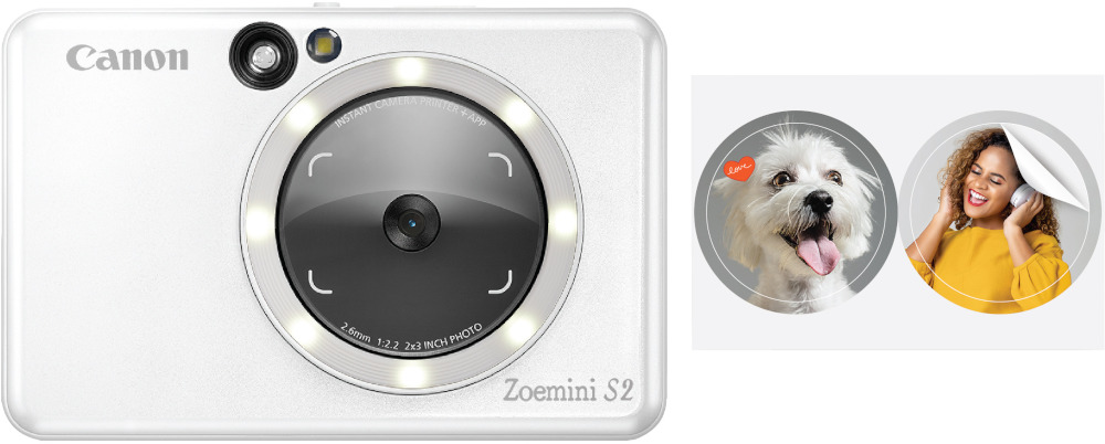 White Canon Zoemini S2 camera with a dog and woman with headphones in circles.