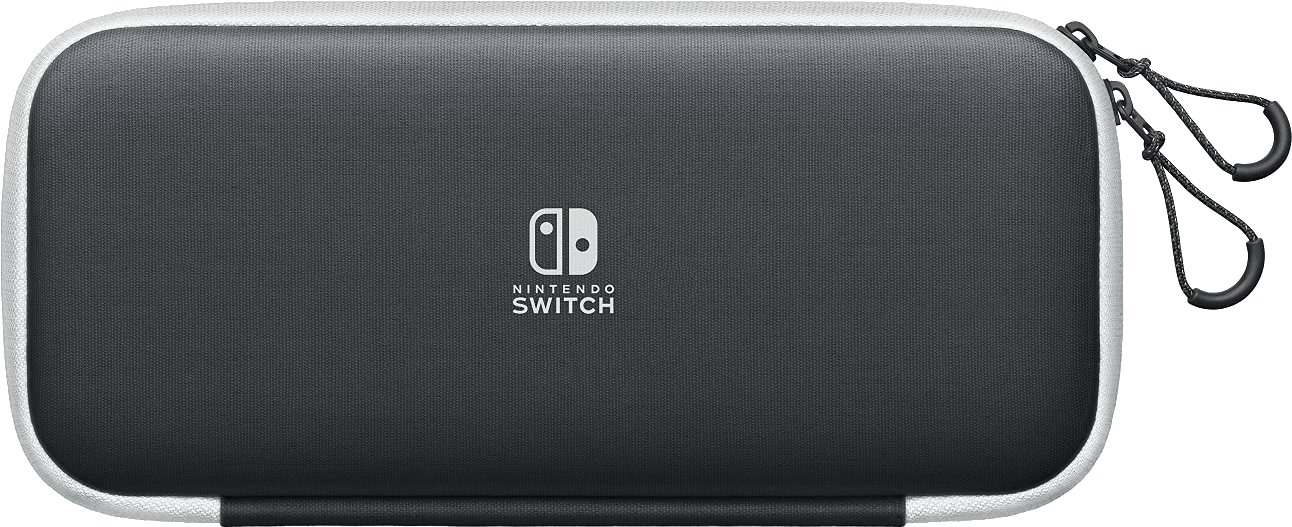 Egy fekete-fehér Nintendo Switch tok a logóval.