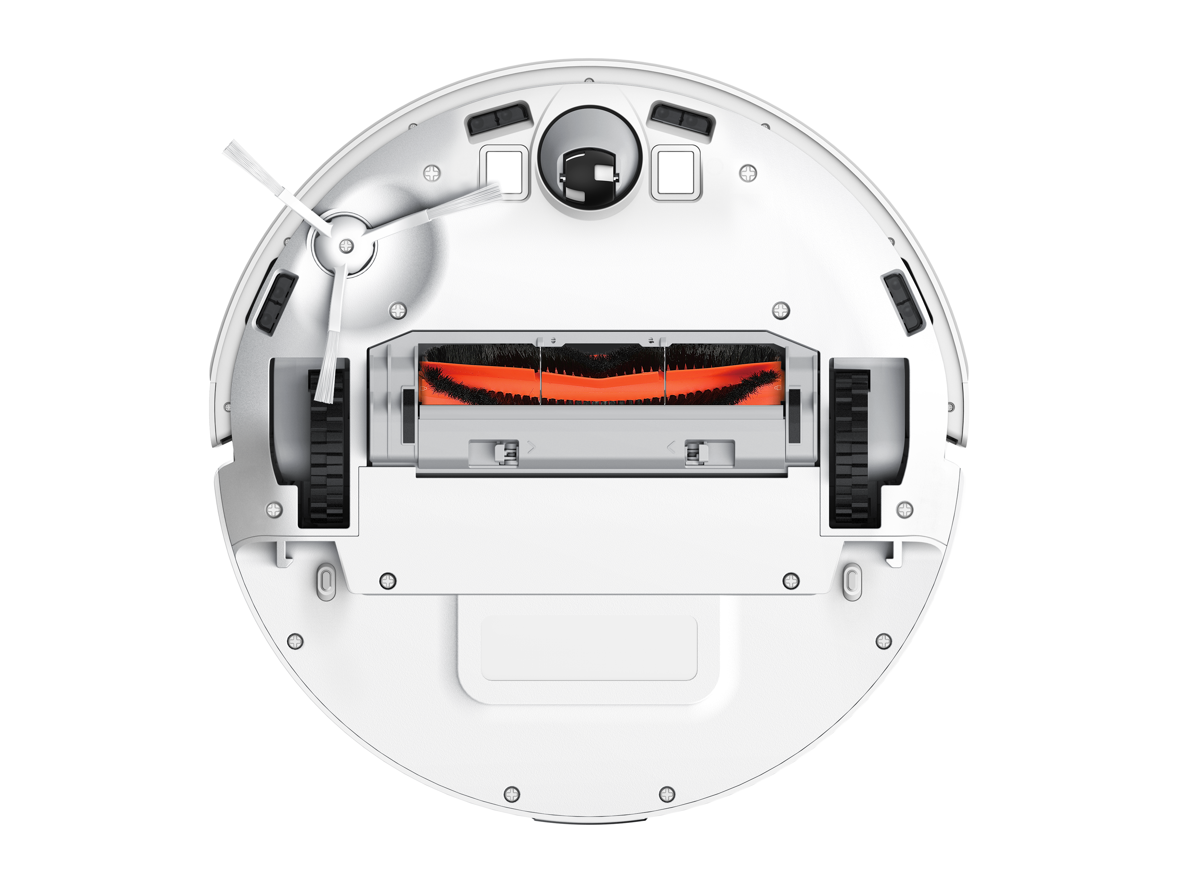 Beyaz bir robot süpürgenin alt kısmı, fırçalar ve tekerlekler görünür.