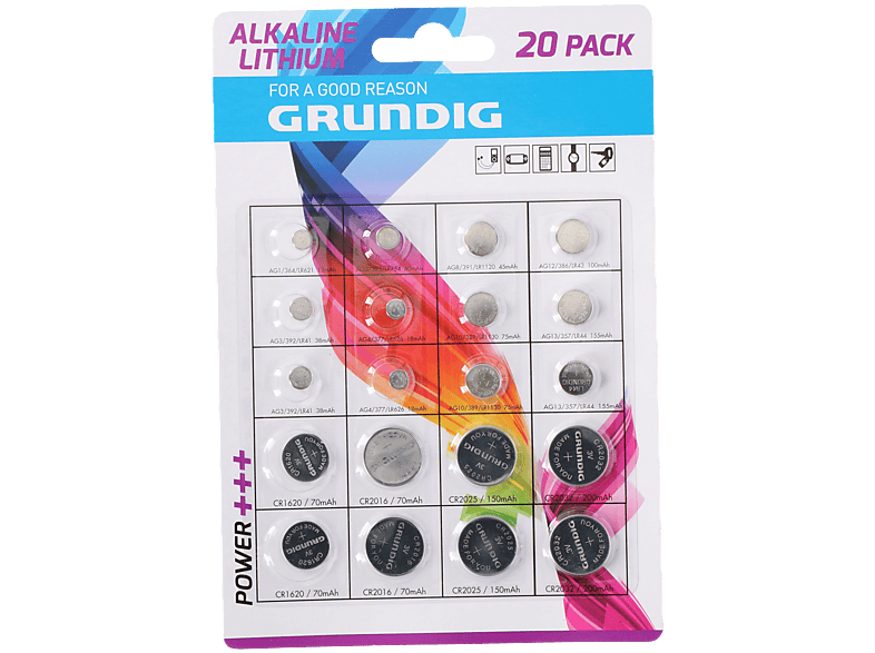 Grundig 20er-Pack Knopfzellen-Batterien – Alkaline & Lithium, Blei- Und Cadmiumfrei, Ideal Für Uhren, Waagen, Spielzeug