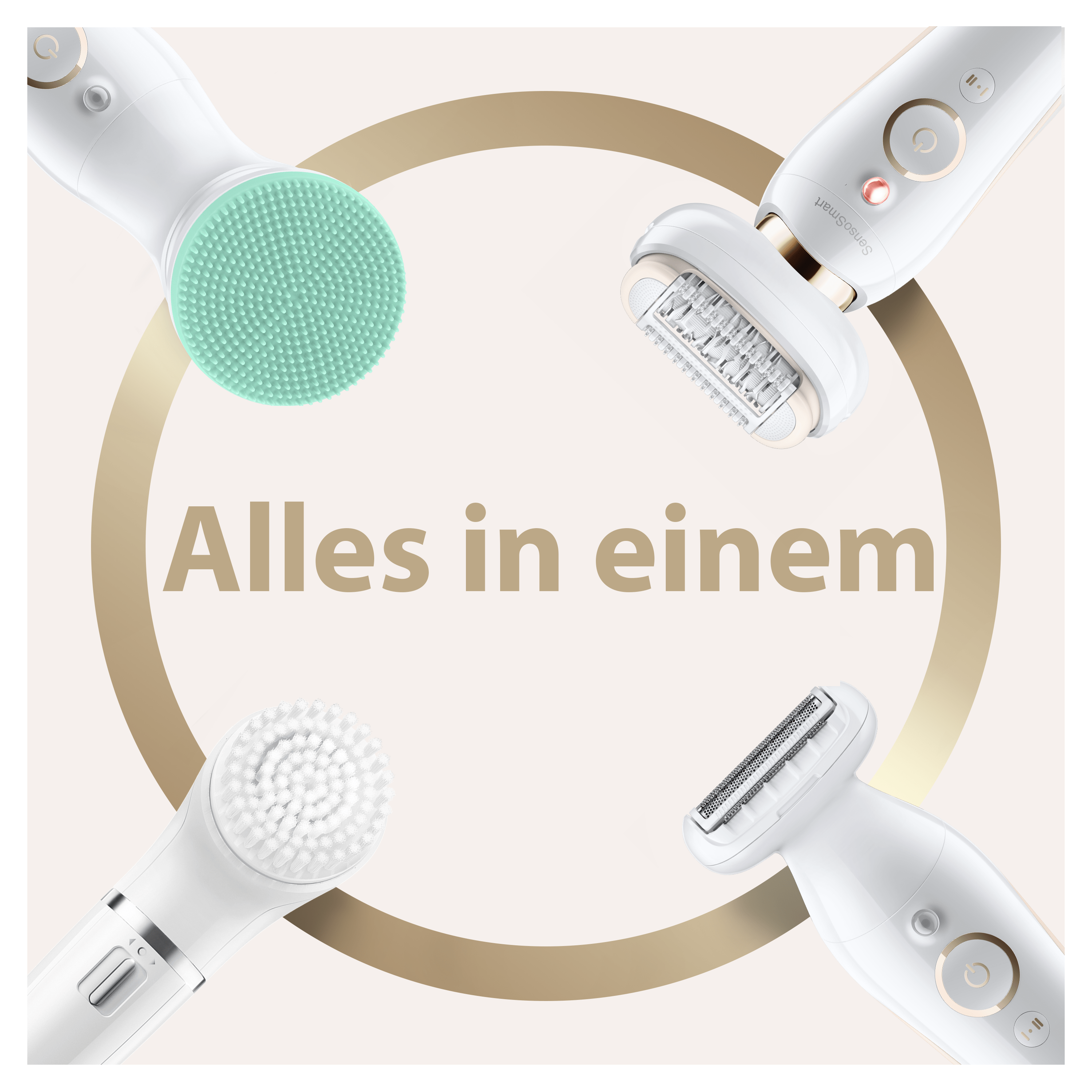Nahaufnahme mehrerer weißer Schönheitsgeräte und der Phrase „Alles in einem“ in einem Kreis.
