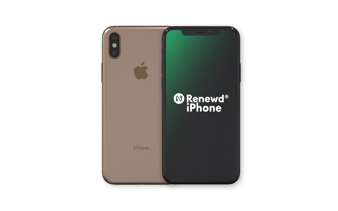 Zwei iPhones, eins gold, eins schwarz mit Renewd iPhone auf dem Bildschirm, weißer Hintergrund.