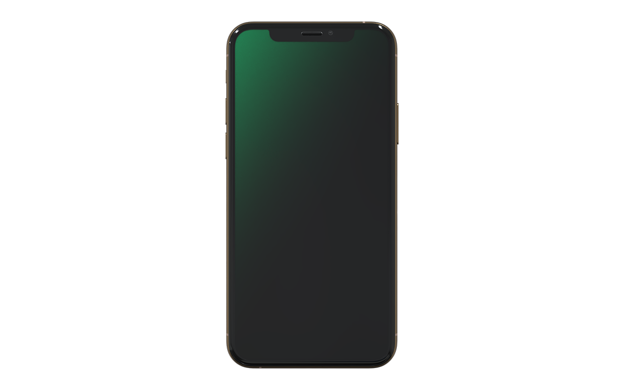 Ein goldenes iPhone mit dunkelgrünem Bildschirm, isoliert auf Weiß.