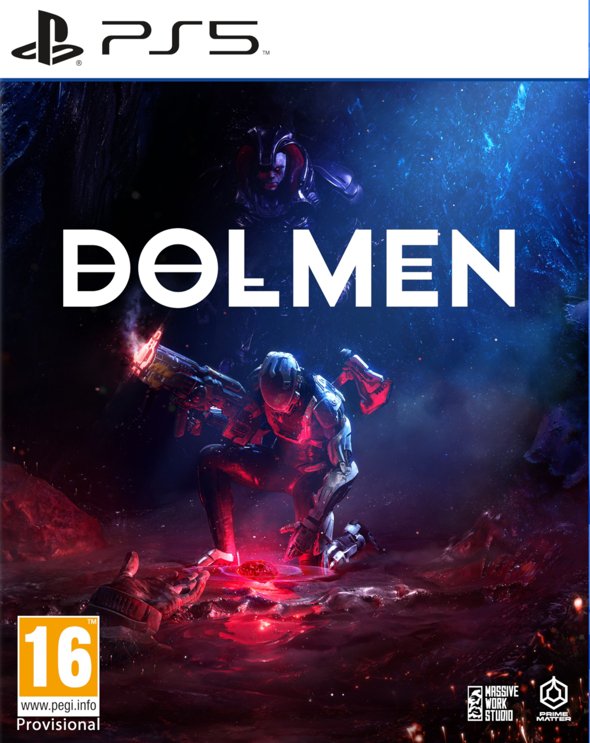 Dolmen PS5 game cover. Een futuristische soldaat vecht in een rood en blauw verlichte omgeving.