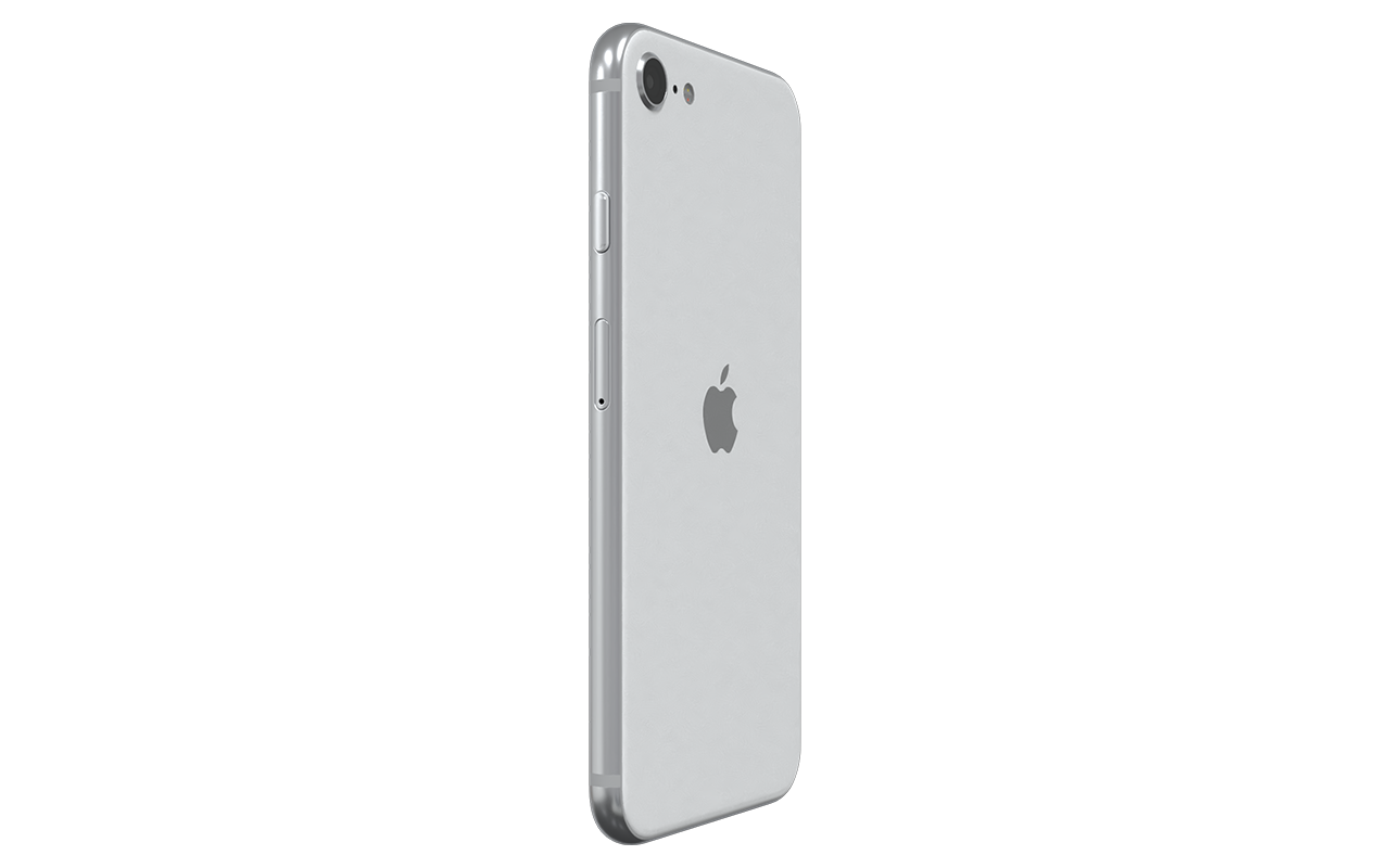 Silbernes iPhone, Seitenansicht, weißer Hintergrund, Apple-Logo sichtbar.