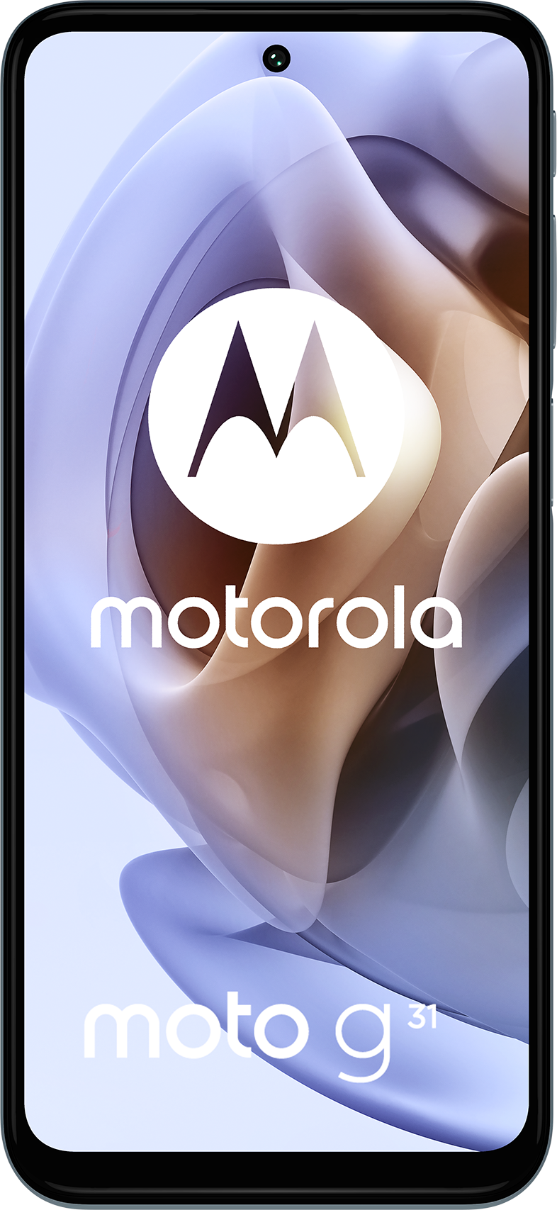 Egy fekete Motorola Moto G31 telefon, a képernyő egy elmosódott hátteret mutat a logóval.