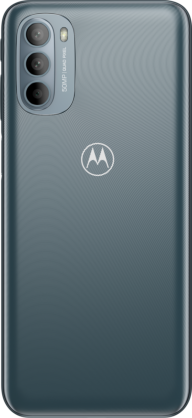Egy türkiz telefon hátulja, három kamerával. A Motorola logója a közepén található.