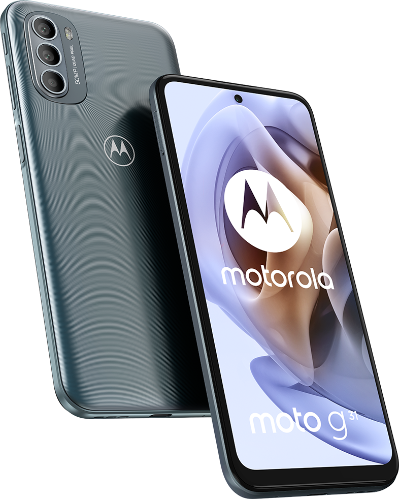 Motorola Moto G31 okostelefon, két telefon, kék-szürke szín, fehér háttér.