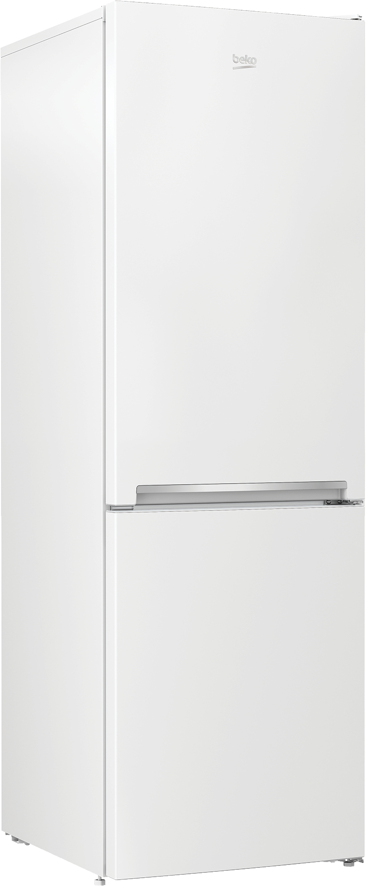 Weißer Kühlschrank mit zwei Türen und silbernem Griff, steht auf weißer Fläche.