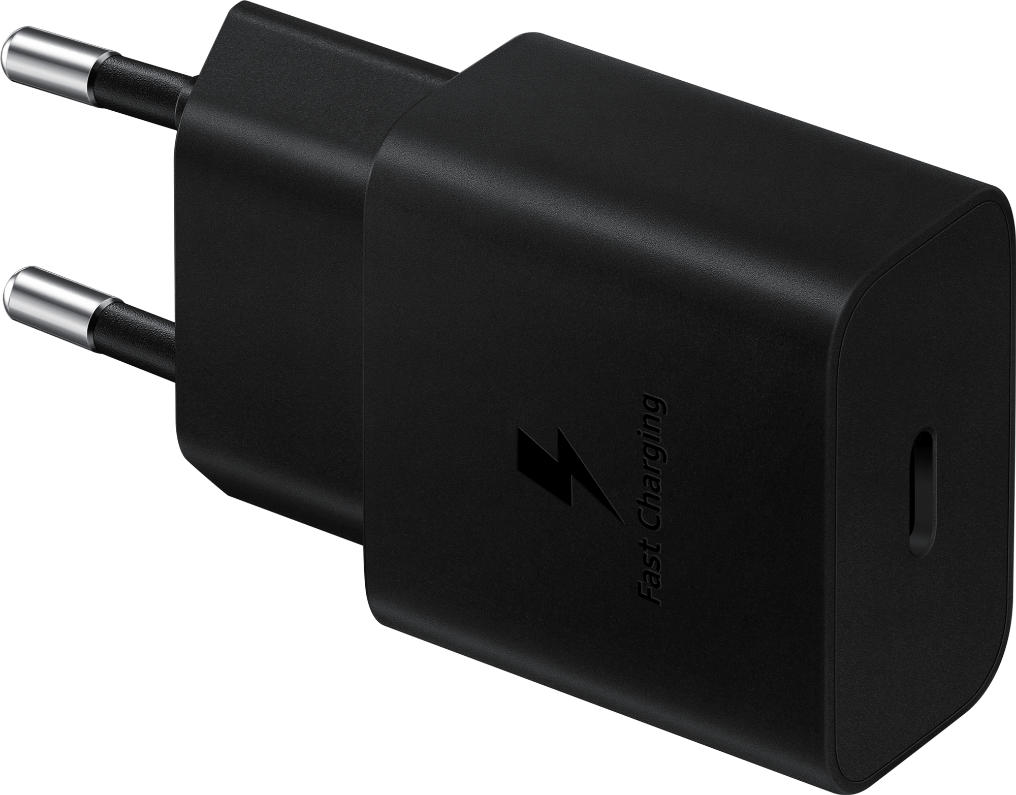 Black Samsung fast charging adapter with two prongs.