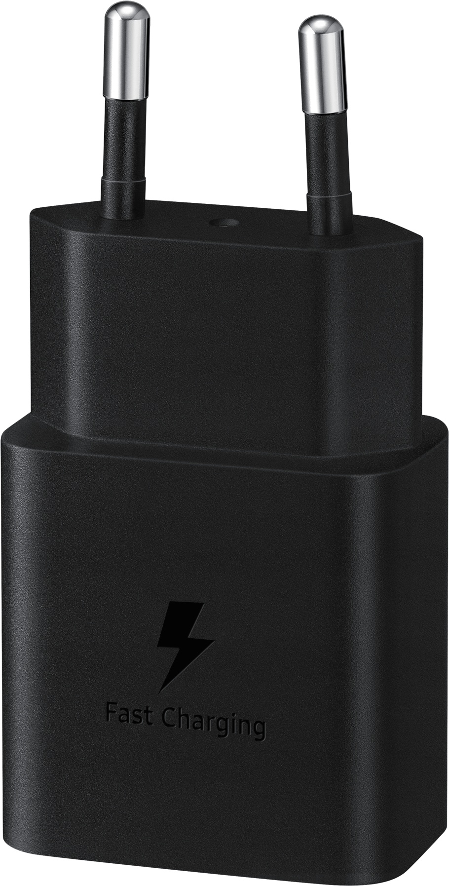 A black, Samsung fast charging adapter. It has two prongs and the words 'Fast Charging' printed.