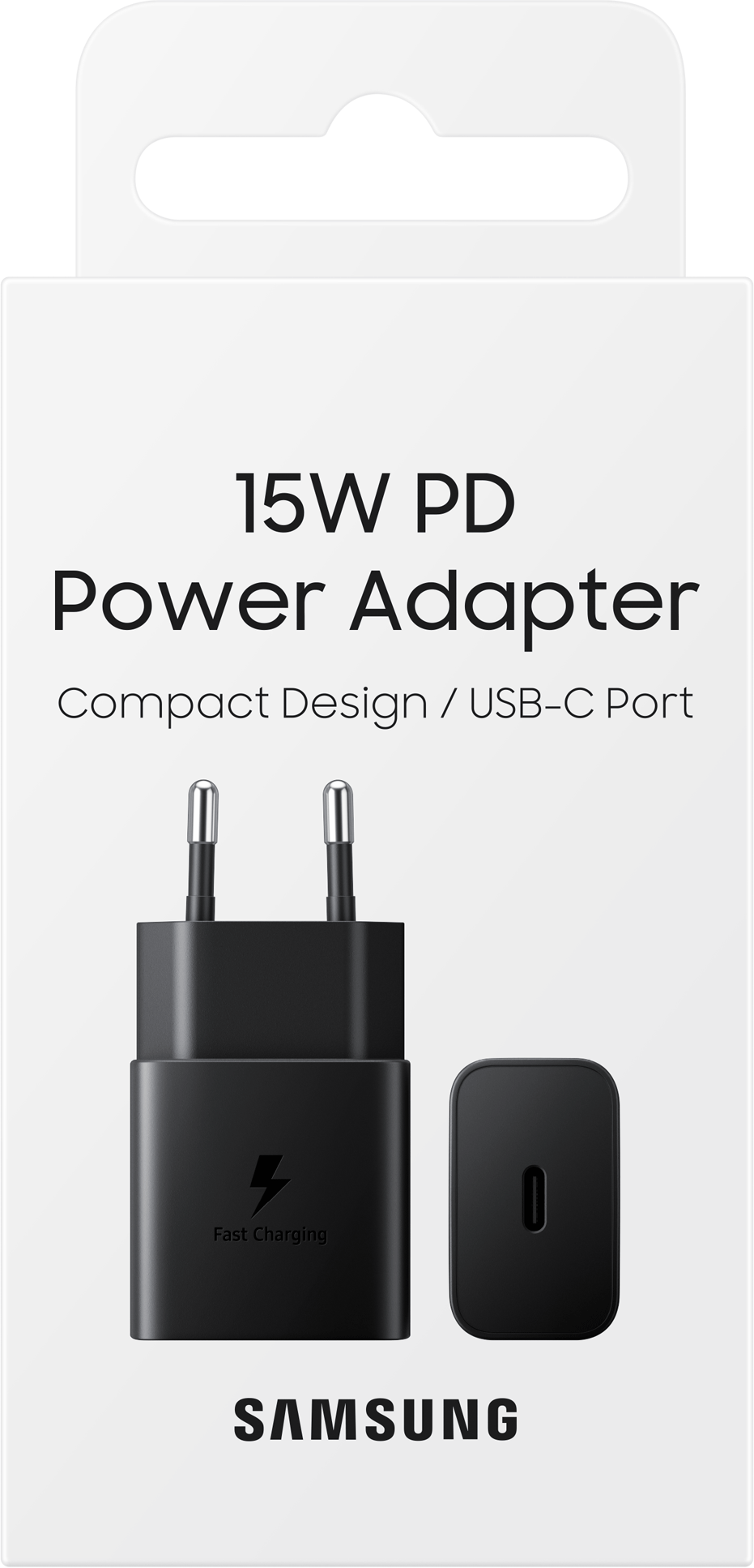 Black Samsung 15W PD Power Adapter packaging with the adapter and a USB-C port.