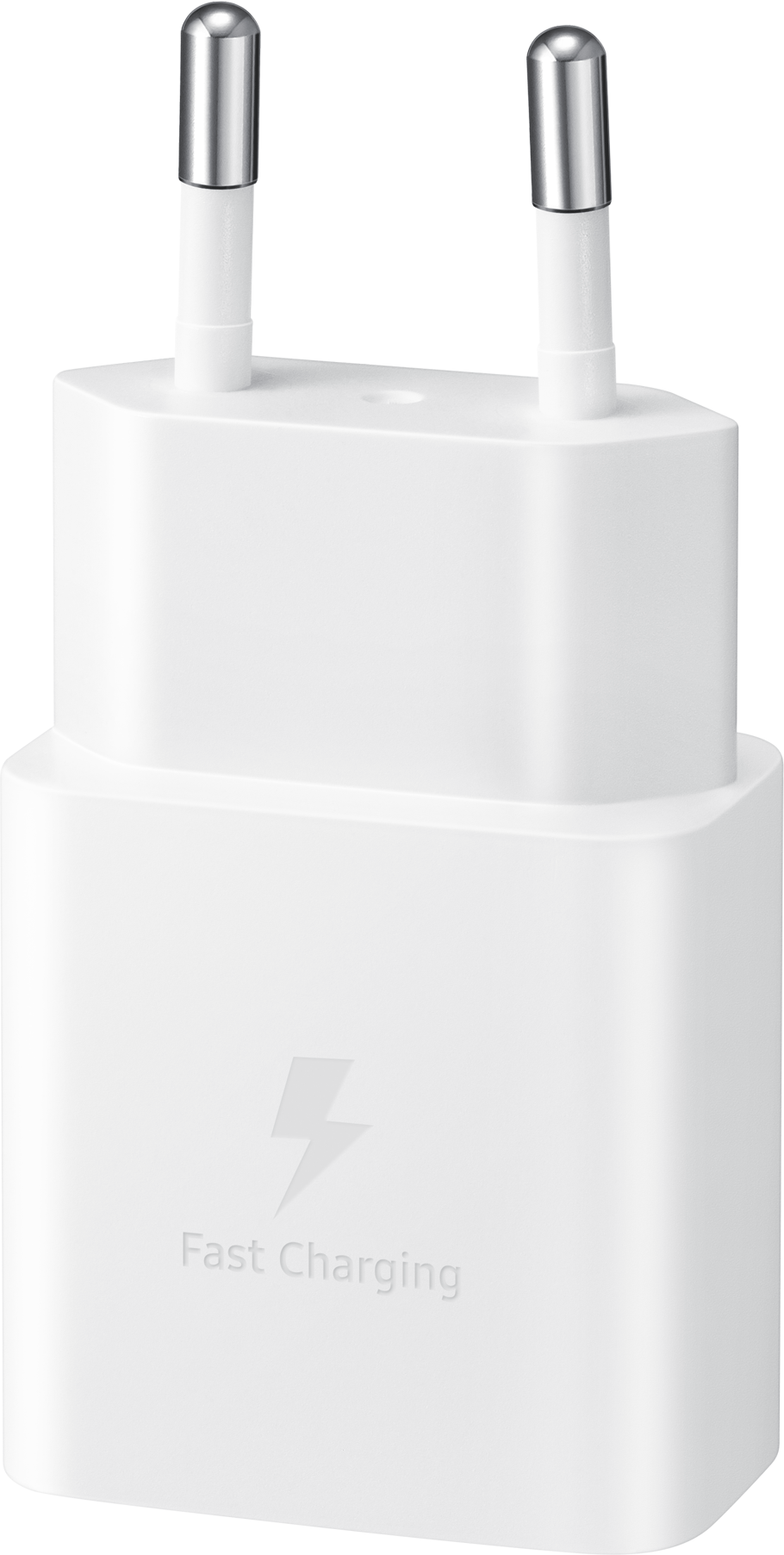 White Samsung charger with two silver prongs and the words 'Fast Charging' on it.
