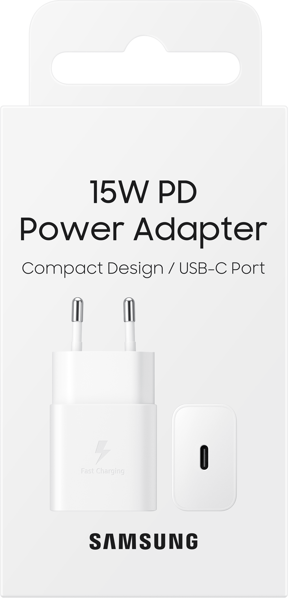 A white Samsung 15W PD power adapter with a USB-C port and a charger.