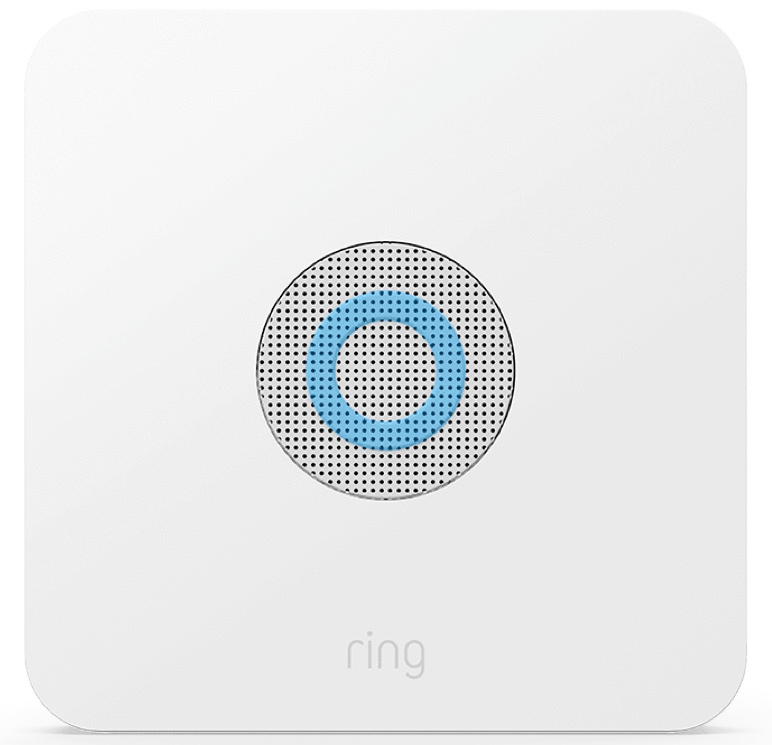 White square device with a central perforated circle. A blue circle is in the center, and the Ring logo is at the bottom.