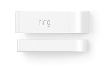 White Ring contact sensor, top and bottom pieces separated. The logo 'ring' is visible on the top piece.