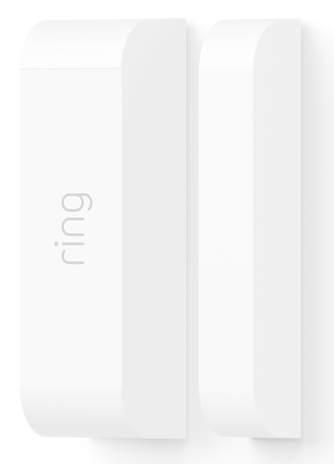 Two white, rectangular security sensors, one with 'ring' logo. They are mounted vertically on a white surface.