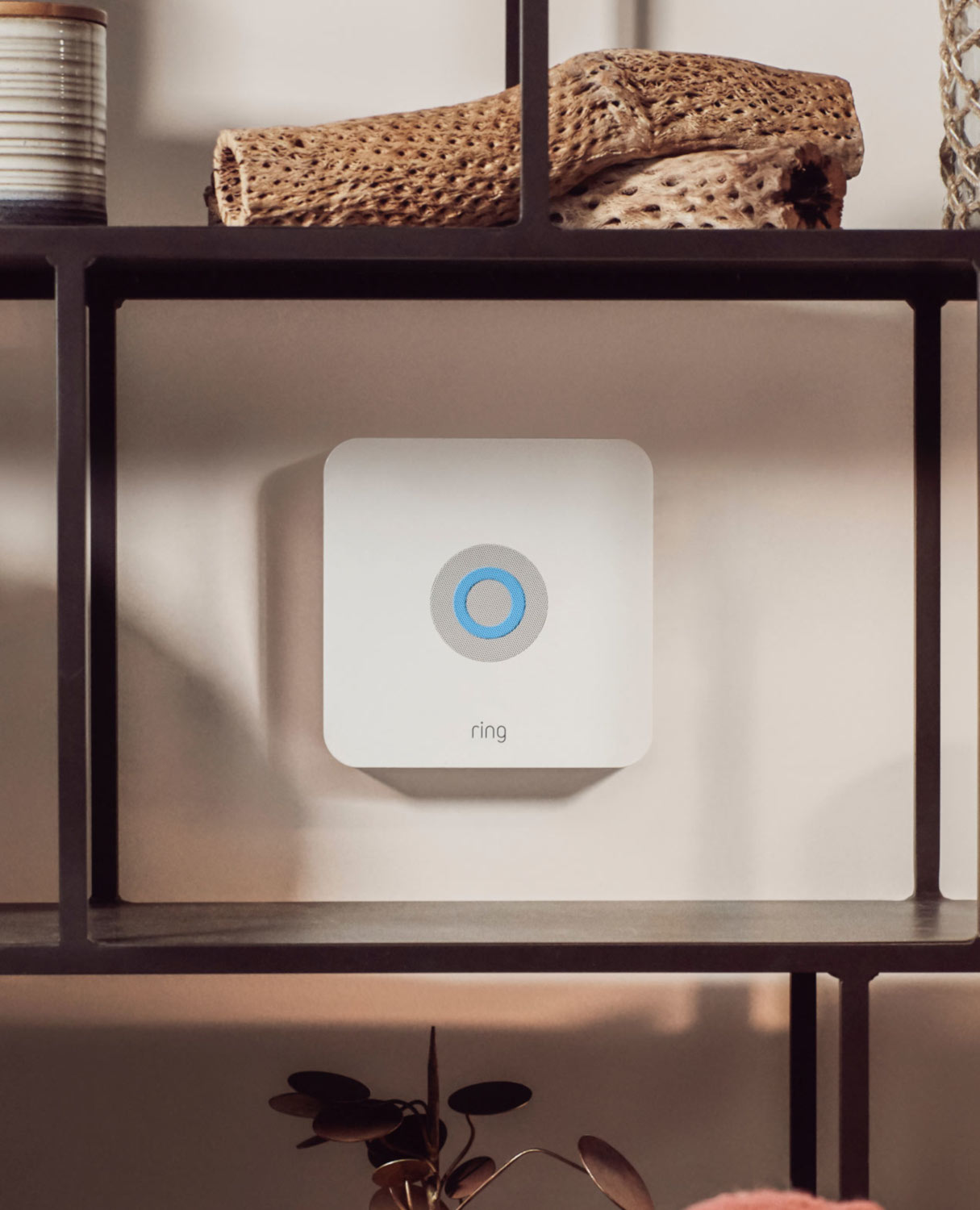 A white Ring security system is mounted on a wall. It has a blue circle in the center. Shelves above and below hold decor.