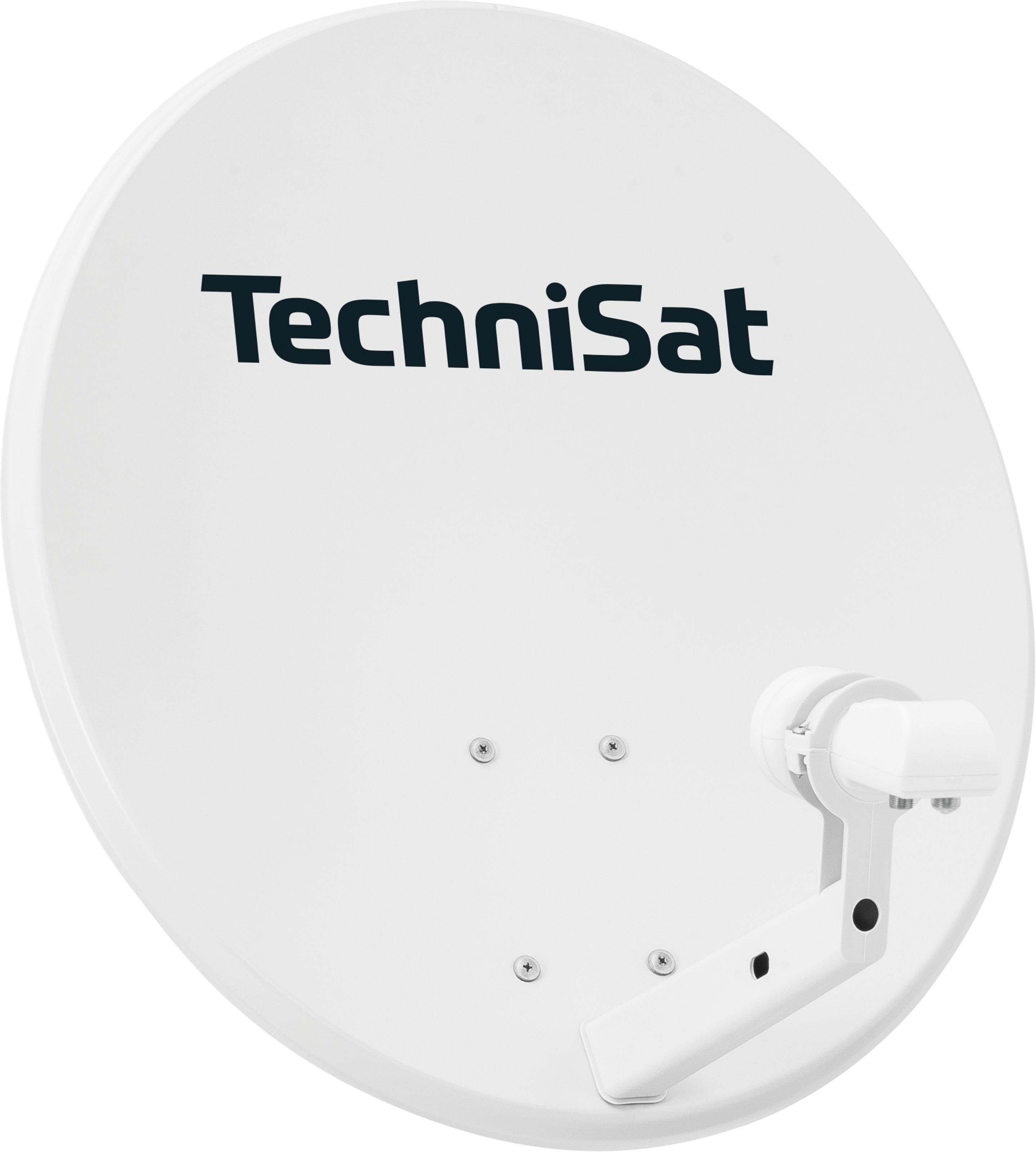 Weiße Satellitenschüssel mit dem TechniSat-Logo in Schwarz. Sie hat einen Stützarm und vier sichtbare Schrauben.