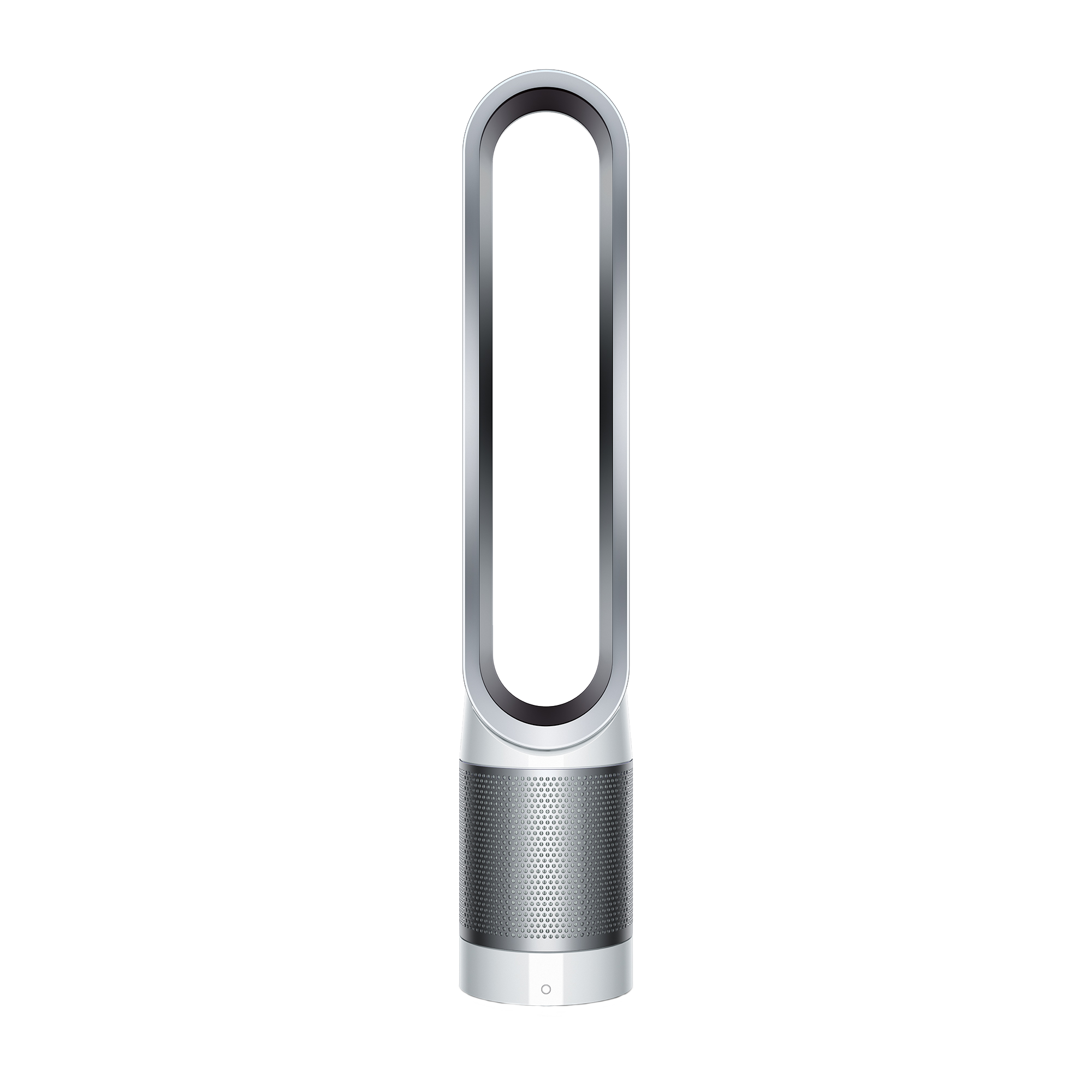 Dyson Air Multiplier-ventilator. Zilver, hoog met een witte basis. Ovale opening aan de bovenkant.