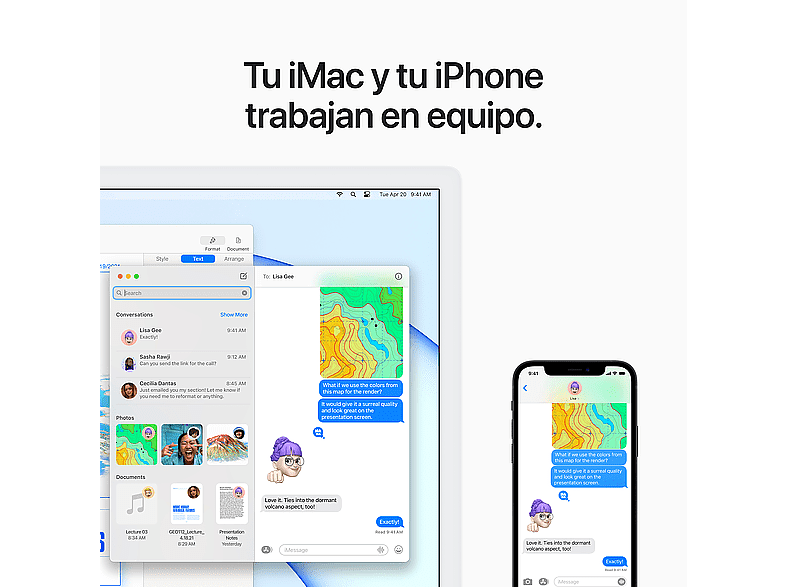 Un iMac y un iPhone mostrando una conversación. Texto en español: "Tu iMac y tu iPhone trabajan en equipo."