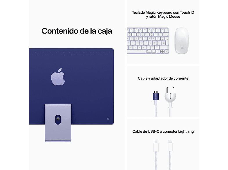 Una pantalla Apple y accesorios, incluyendo teclado morado, ratón y cable de carga.