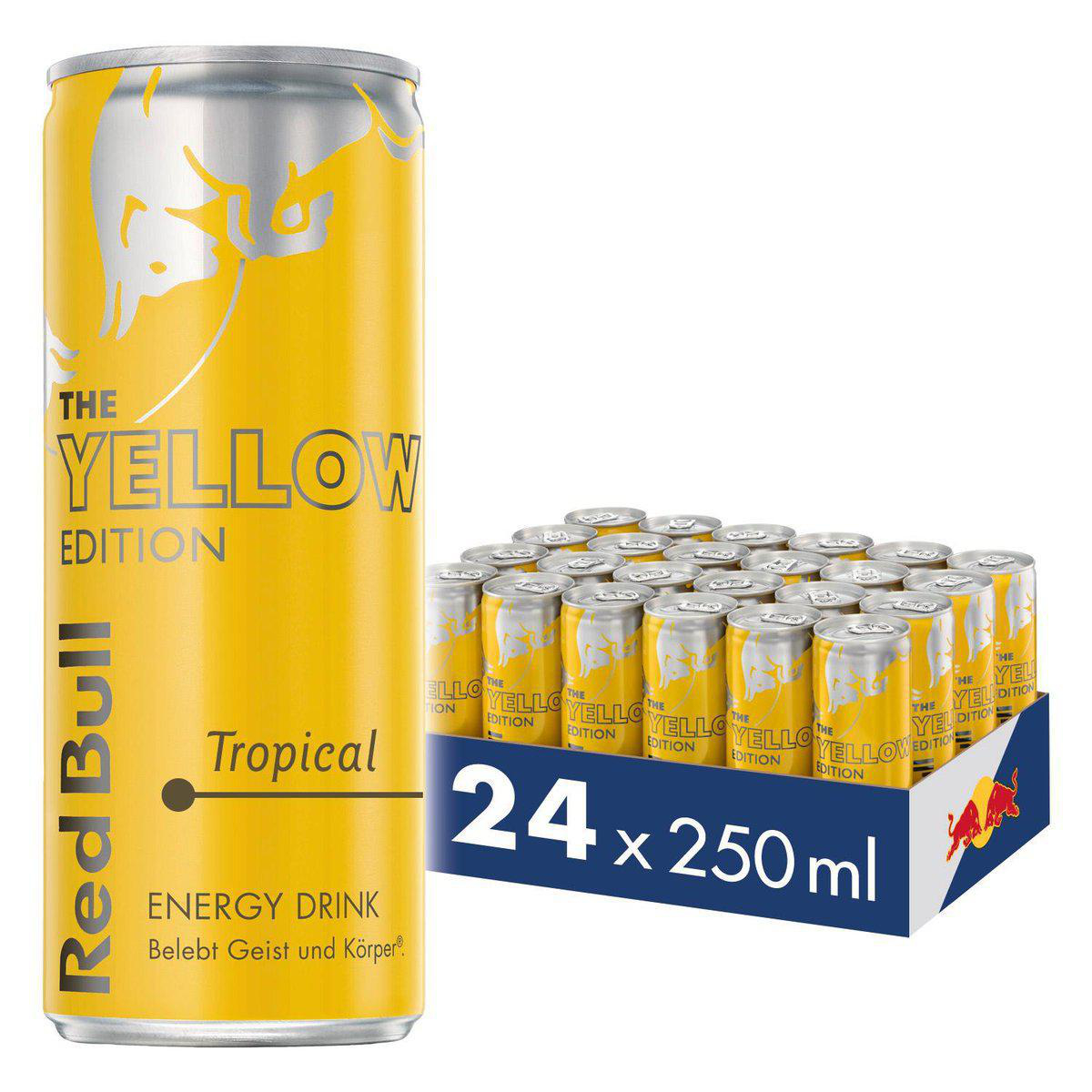 The Yellow Edition Red Bull Dosen. Ein Stapel von 24 Dosen in einer Box und eine einzelne Dose.