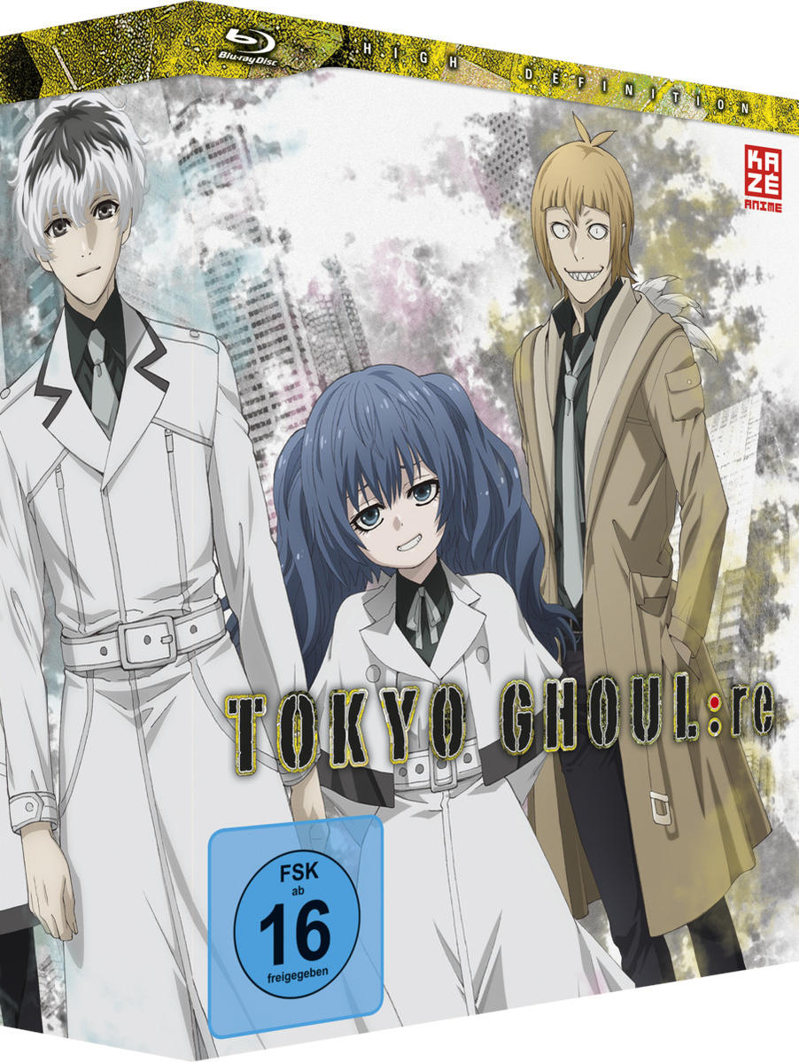 Blu-ray-Box-Art von "Tokyo Ghoul:re" mit Anime-Figuren.