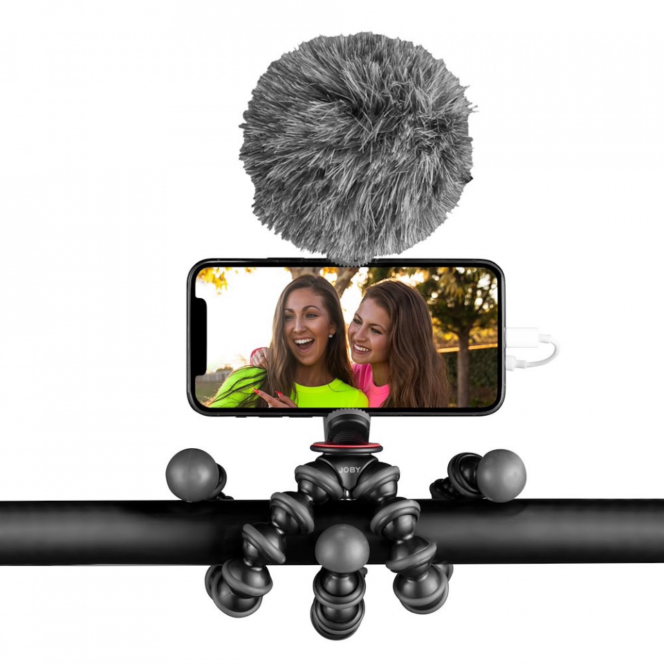 Smartphone op flexibel statief, microfoon erboven, twee vrouwen op het scherm.