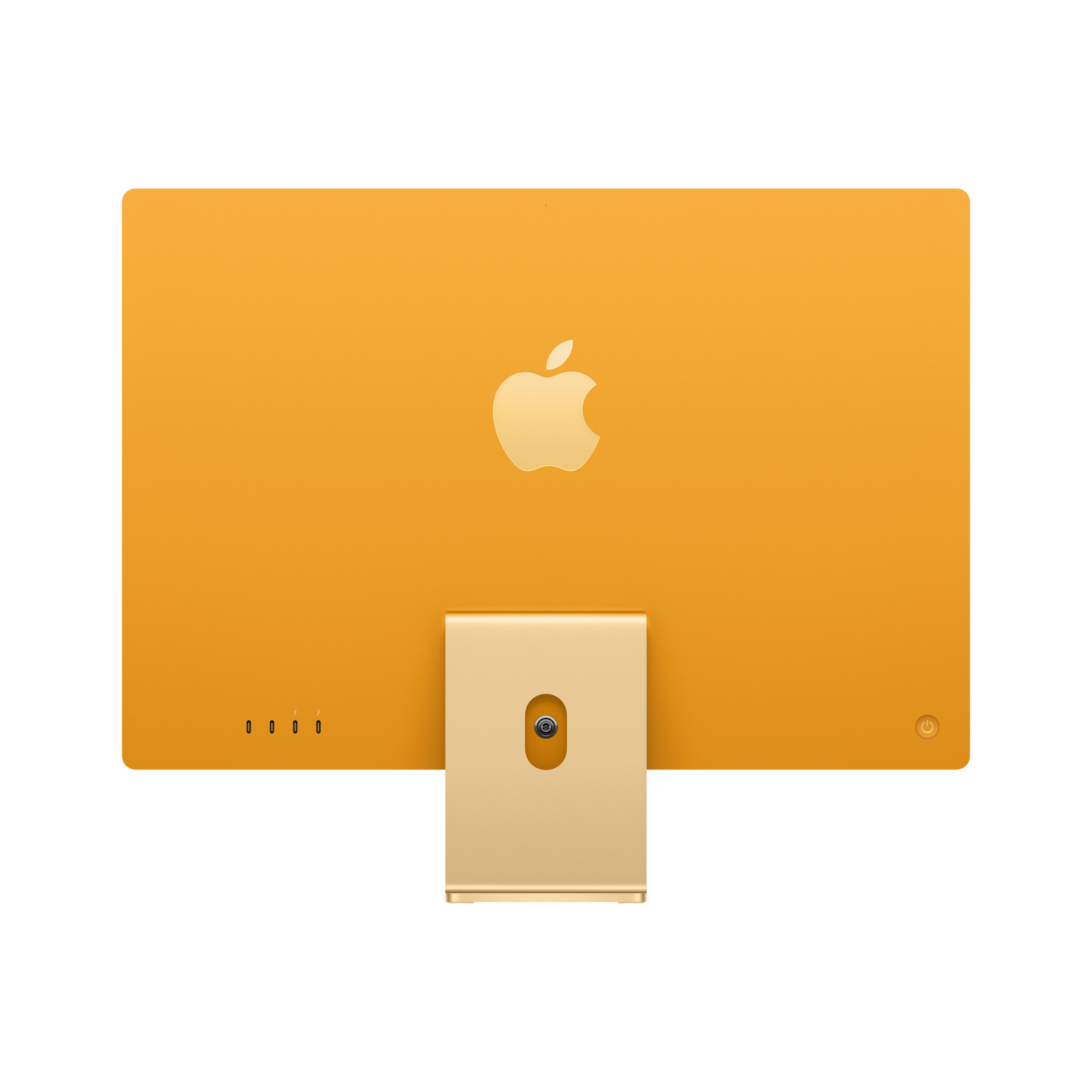 Computadora iMac amarilla, logotipo de Apple y soporte dorado, puertos y botón de encendido.