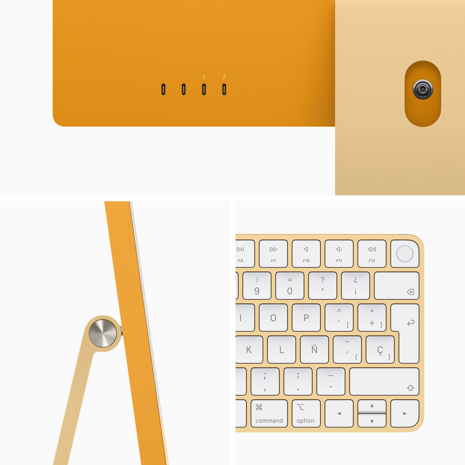 Primer plano de un iMac naranja, teclado y detalles de los puertos de la computadora.