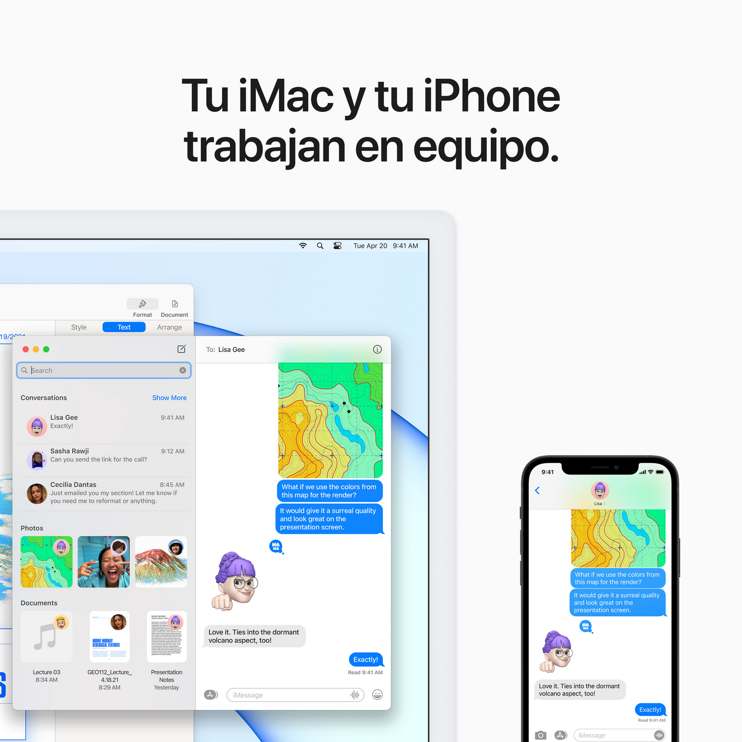 Un iMac y un iPhone muestran una conversación en pantalla. Texto: 'Tu iMac y tu iPhone trabajan en equipo'.