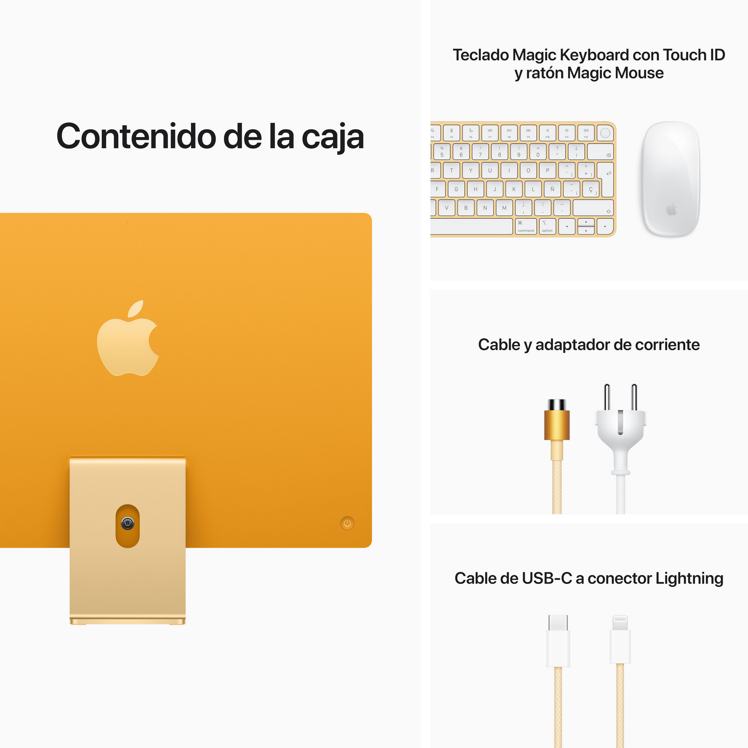 Una configuración de iMac con parte trasera amarilla, teclado, ratón y cables de carga. Es una foto del producto.