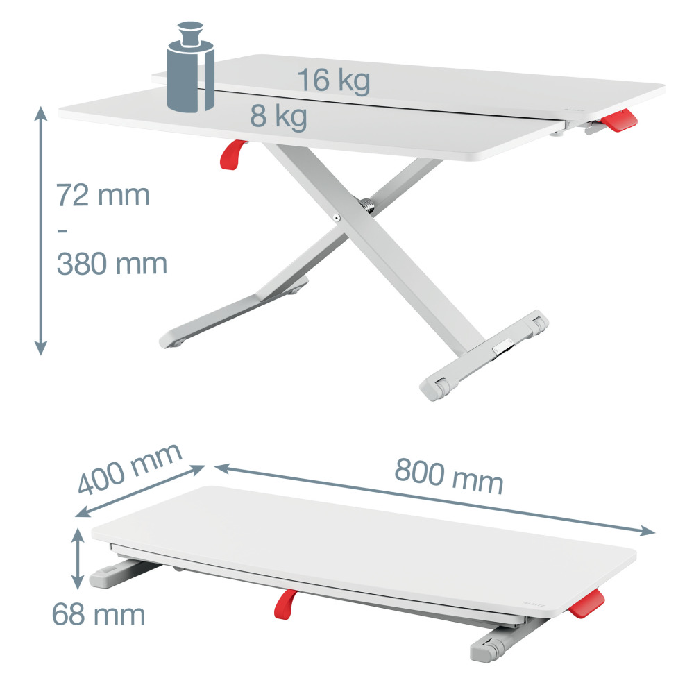 Egy fehér, állítható magasságú asztal látható. Méretek vannak feltüntetve, 8 kg és 16 kg súlyokkal.
