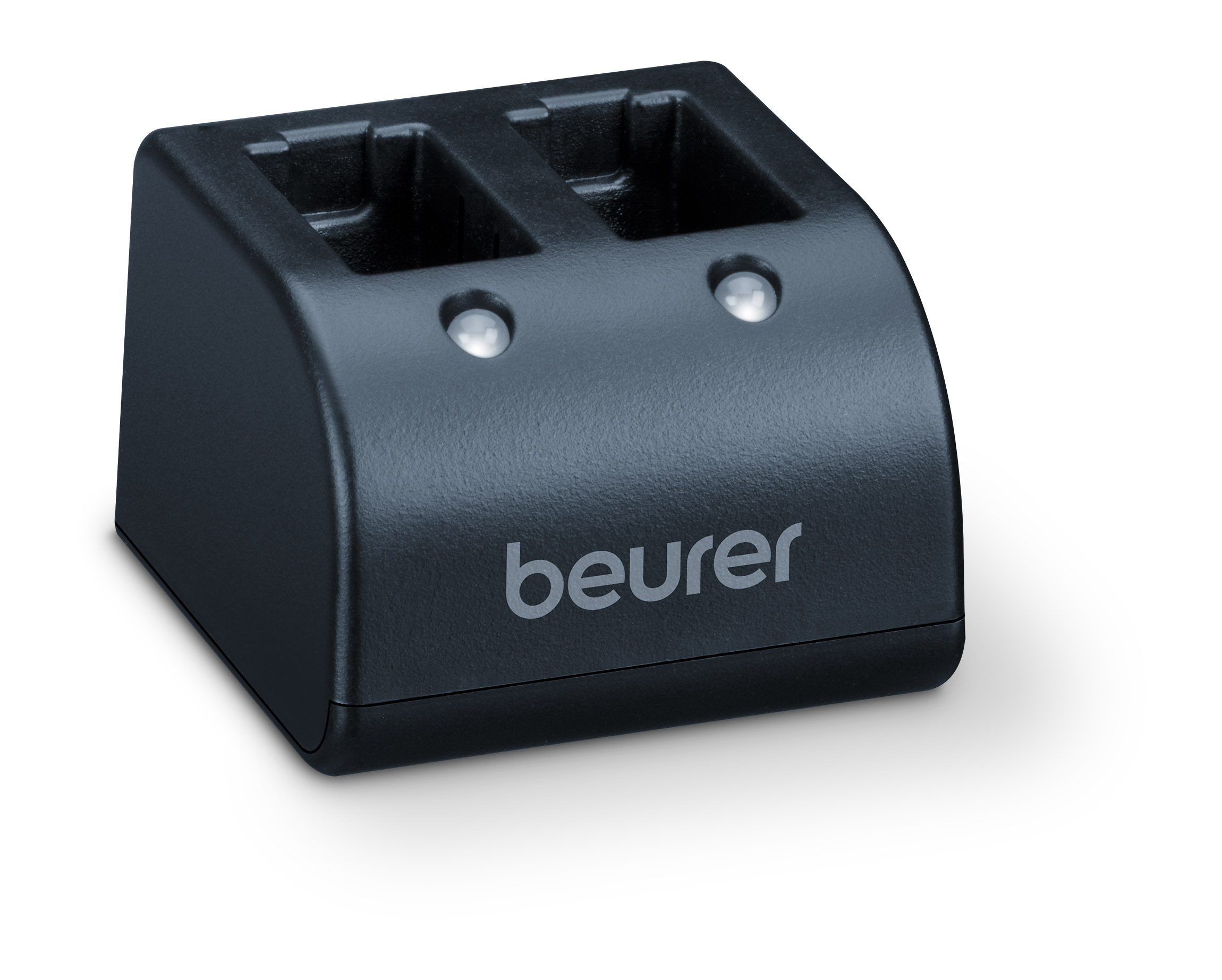 Eine schwarze Beurer Ladestation mit zwei Ladeschlitzen und Kontrollleuchten.