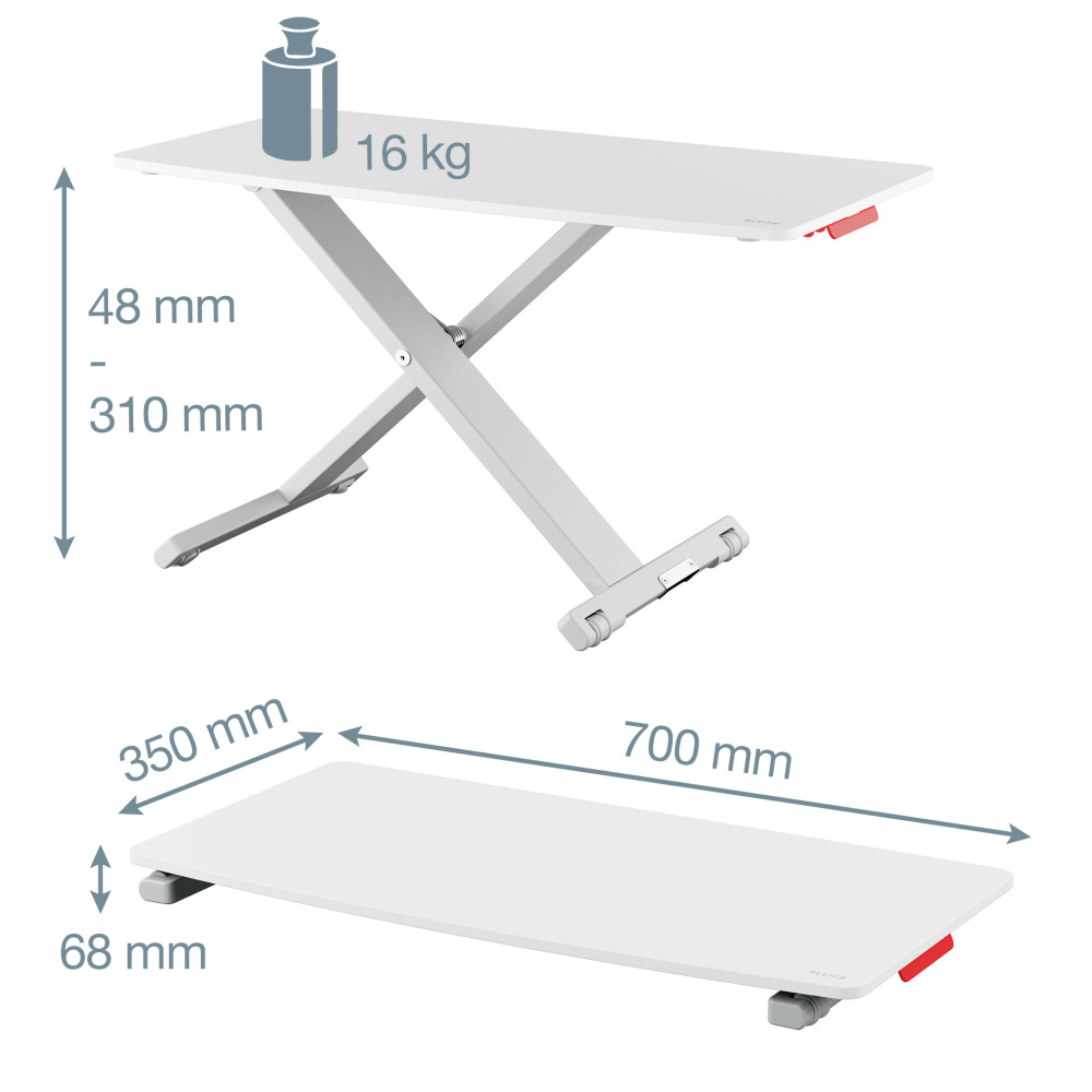 Fehér állítható asztal méretekkel és súllyal, 16 kg.