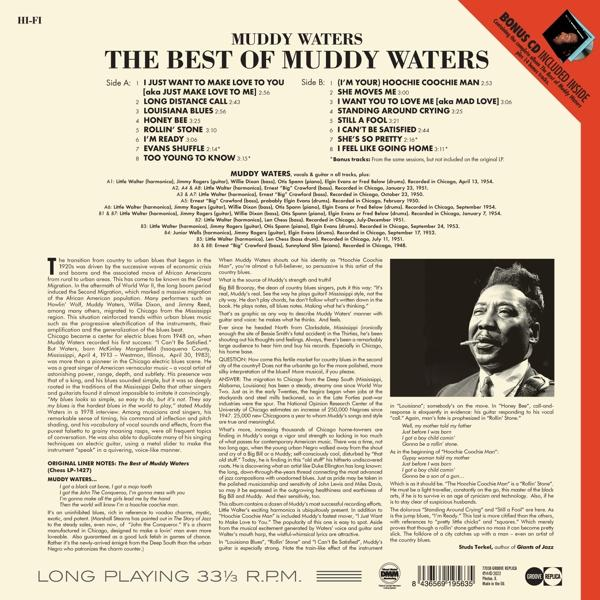 Muddy Waters album borítója. Van egy fotó Muddy Waters-ről és a dalok címei egy régi lemezen.