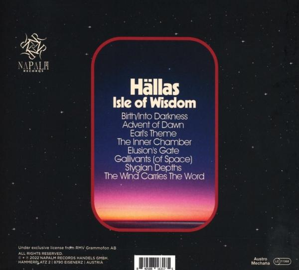 A "Hällas - Isle of Wisdom" album borítója. Űr témájú dizájn. Tartalmazza a számlistát és a lemezcímke logóját.