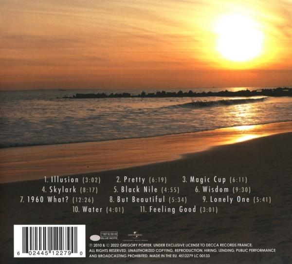 Pochette de CD avec scène de plage au coucher du soleil. Liste des titres de l'album et informations sur l'artiste visibles.