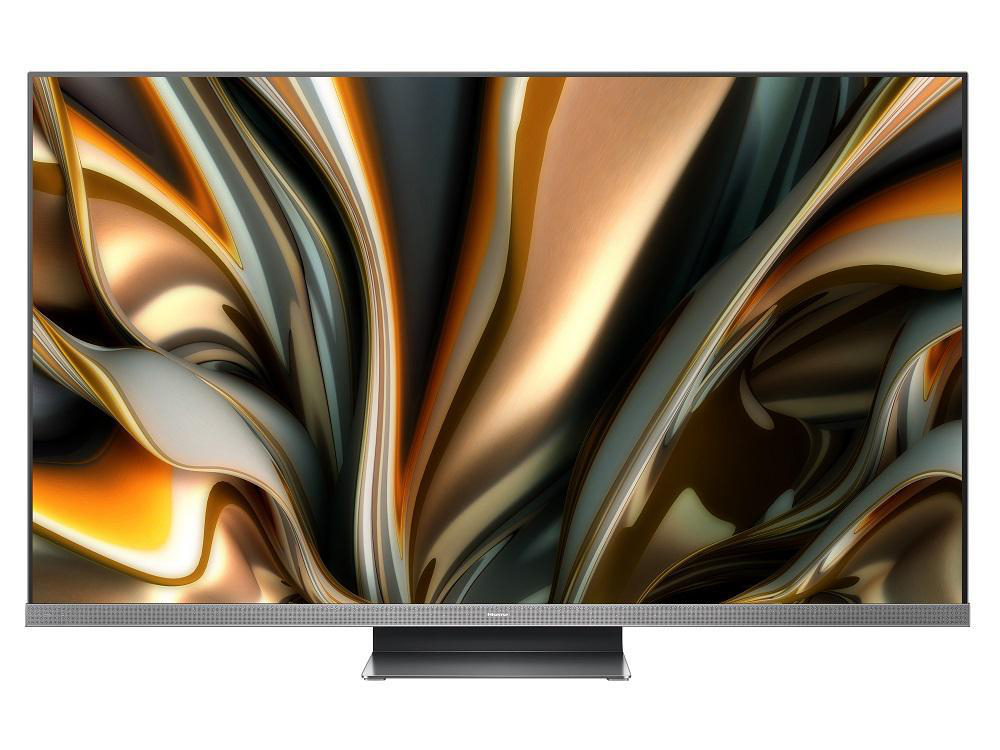 Ein moderner Fernseher mit einem farbenfrohen, abstrakten Bild auf dem Bildschirm.