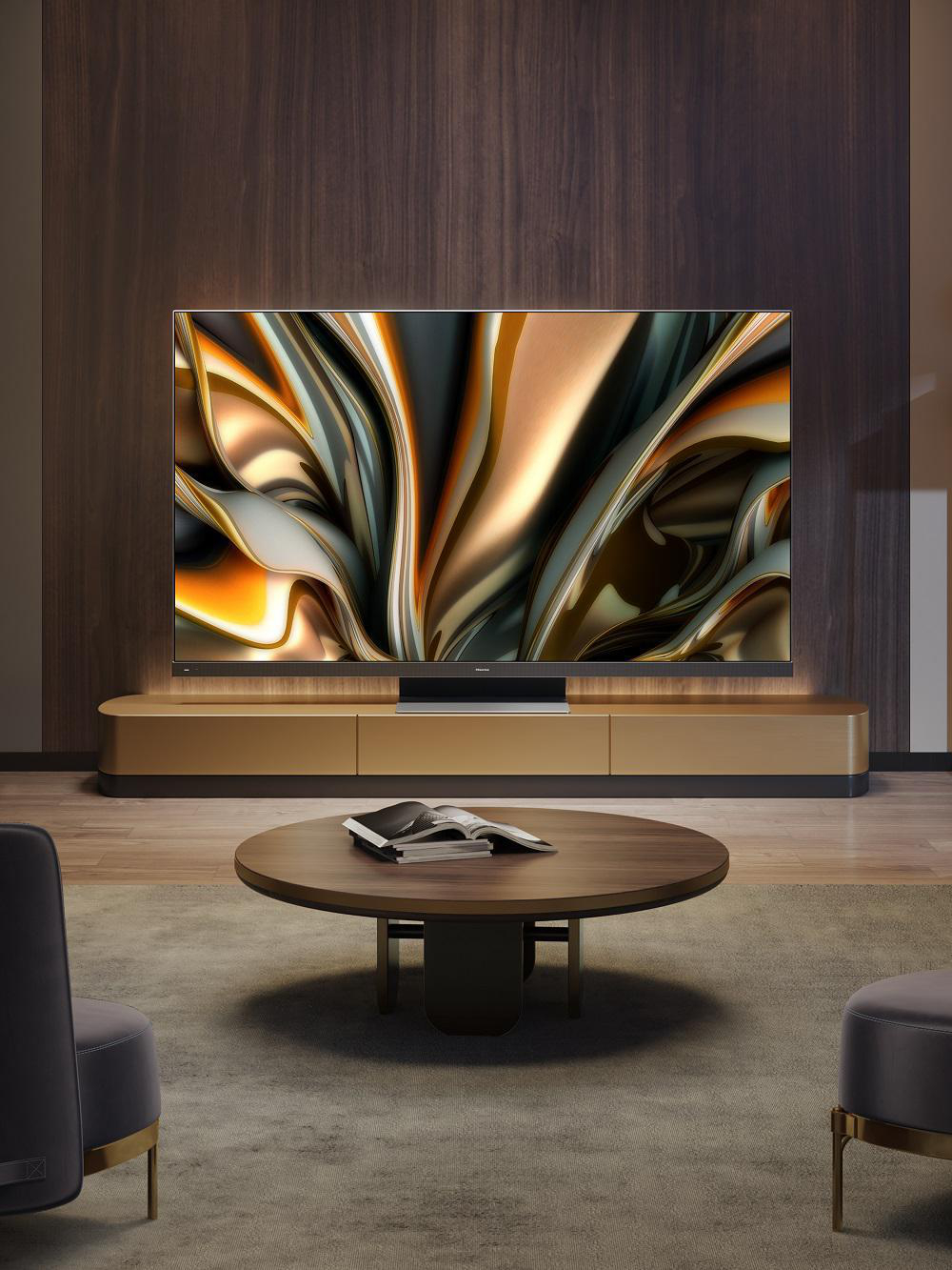 Ein modernes Wohnzimmer mit großem Fernseher und einem hölzernen Couchtisch.