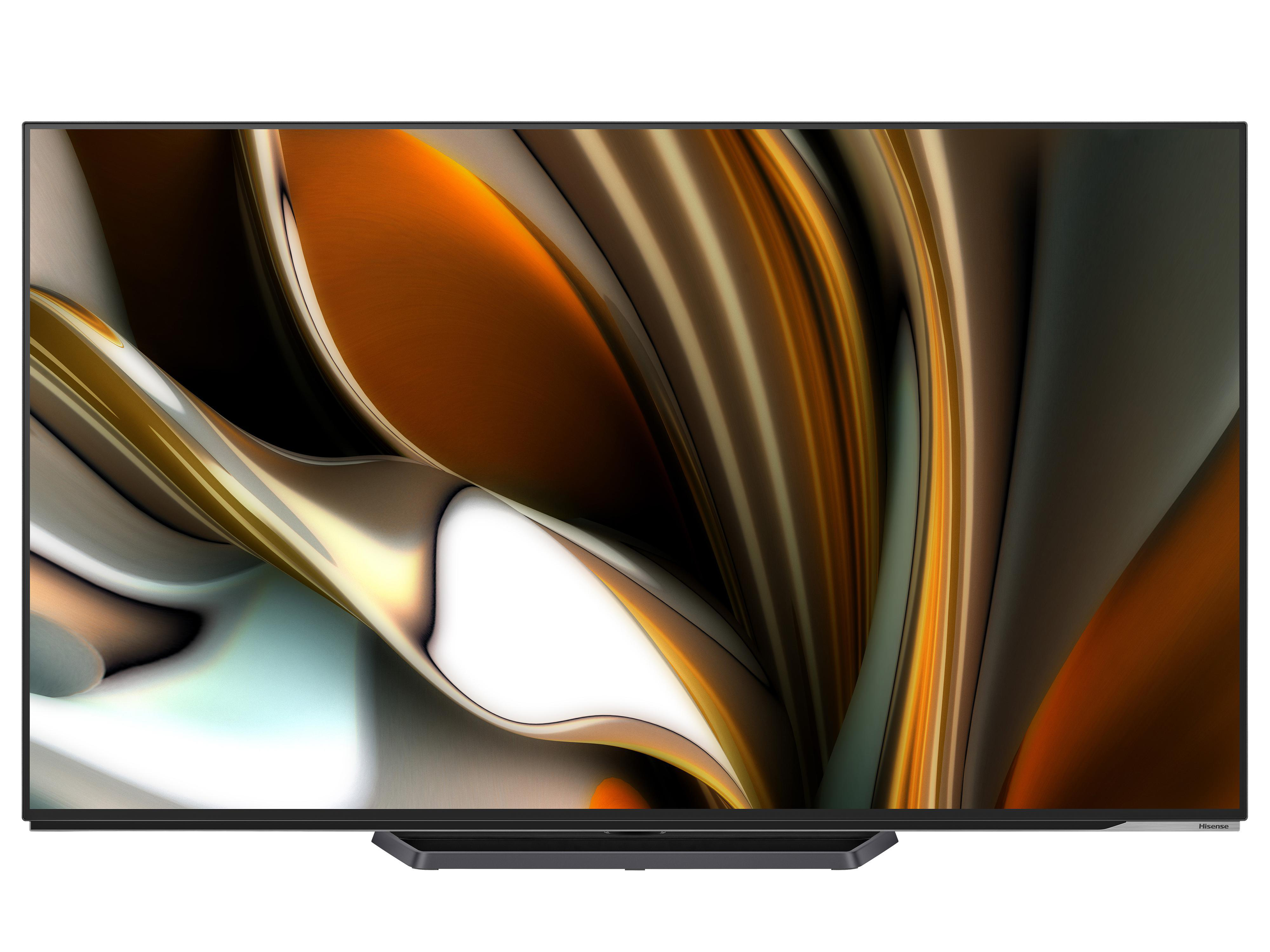 Großer TV-Bildschirm mit abstraktem Design in Orange und Gold, schwarzer Rahmen.