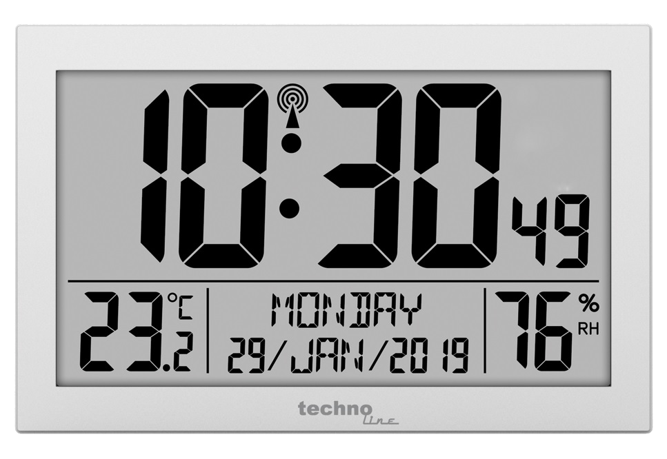 TECHNOLINE Rádió vezérlésű fali óra, monochrom kijelzővel, ezüst (WS8016)